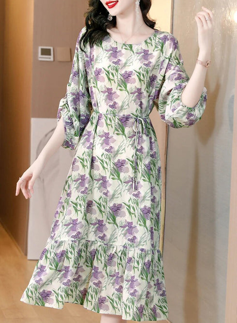 Enchanting Floral Long Sleeve Dress, Luxury Chic Ruffled Long Casual & Evening Women Dress